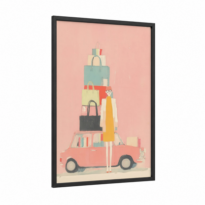 Shopping Chic framed fashion illustration print — black wood frame — peach and teal palette