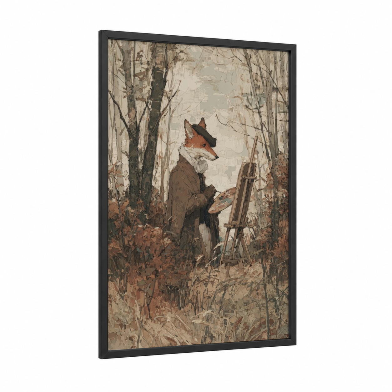 Artist Fox framed art print — black wood frame — brown and cream palette