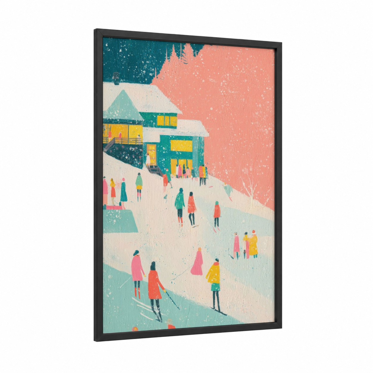 Snowy Slope Community framed skiing print — black wood frame — salmon pink and teal palette