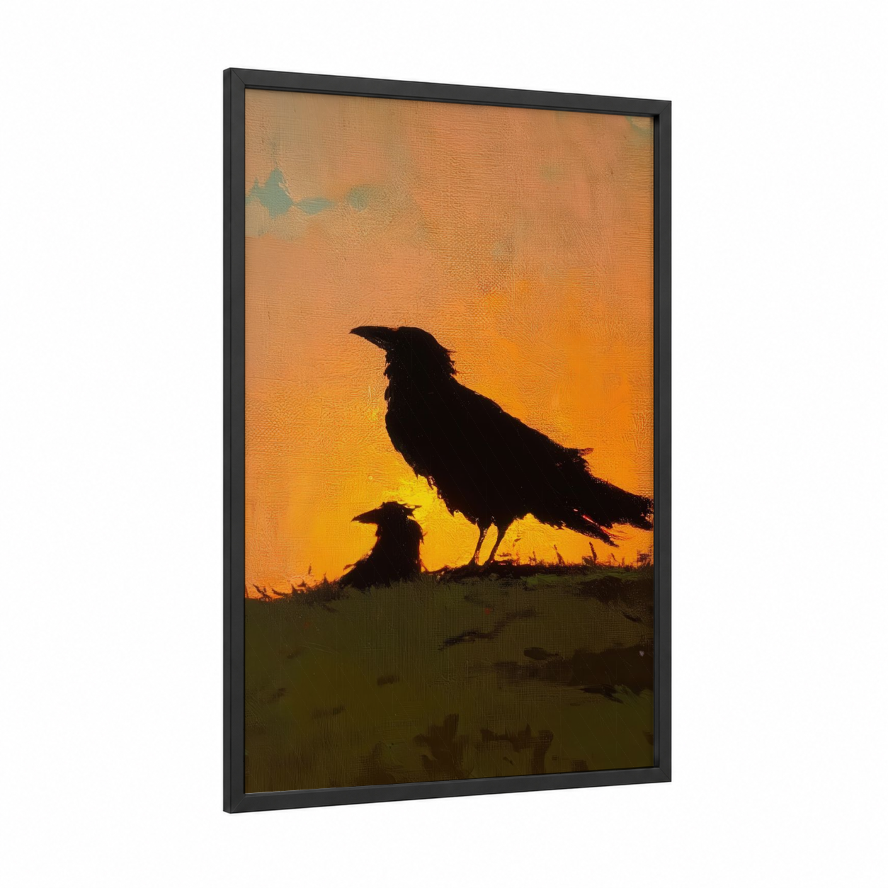 Sunset Ravens framed crows and ravens print — black wood frame — orange and yellow gold palette