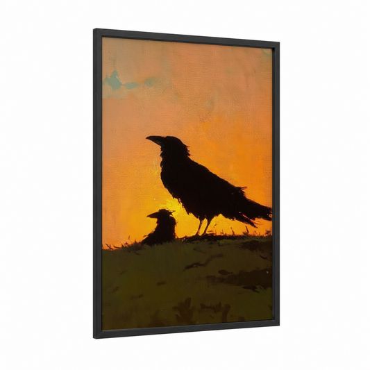 Sunset Ravens framed crows and ravens print — black wood frame — orange and yellow gold palette