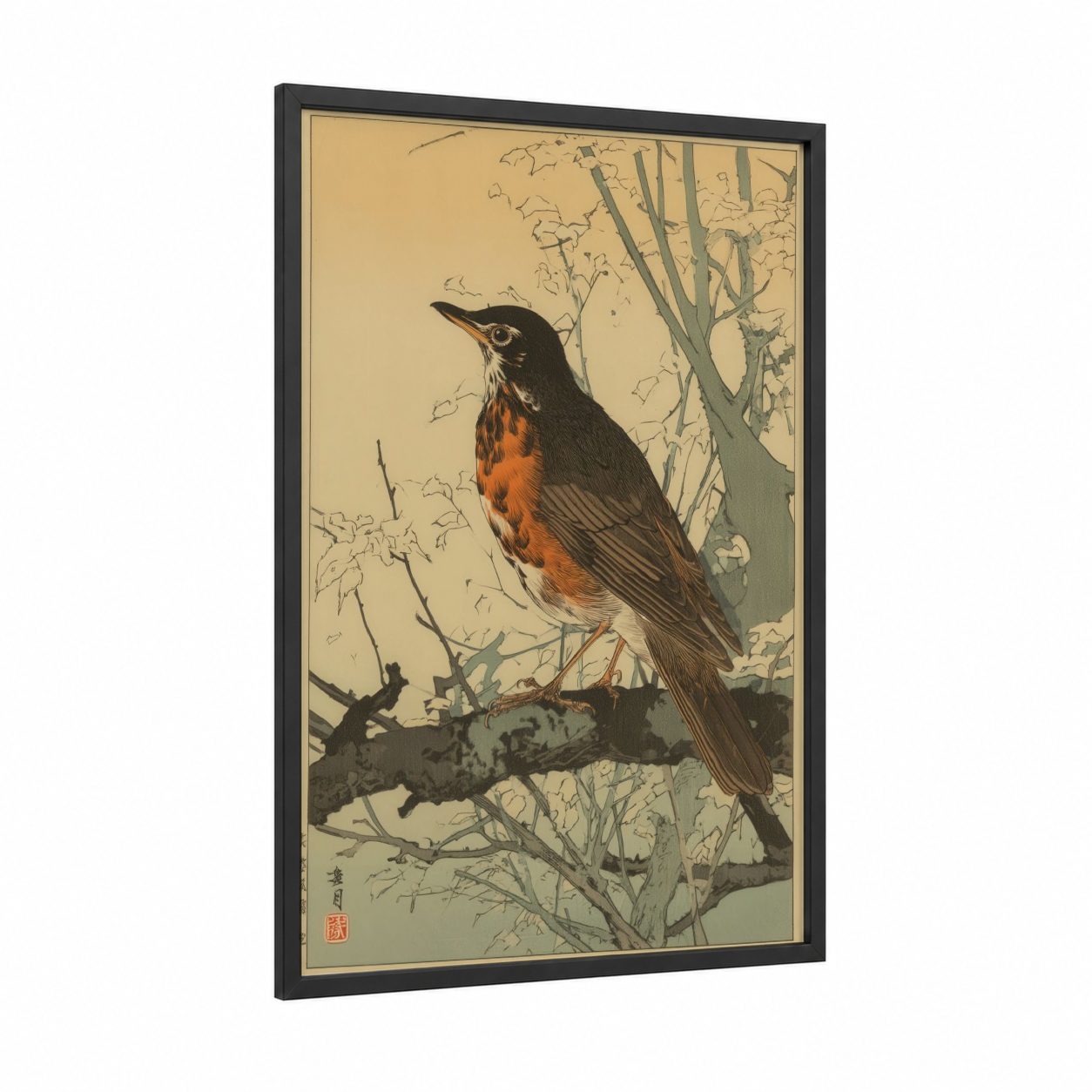 Autumn Thrush framed art print — black wood frame — cream and sage green palette