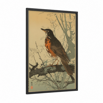 Autumn Thrush framed art print — black wood frame — cream and sage green palette