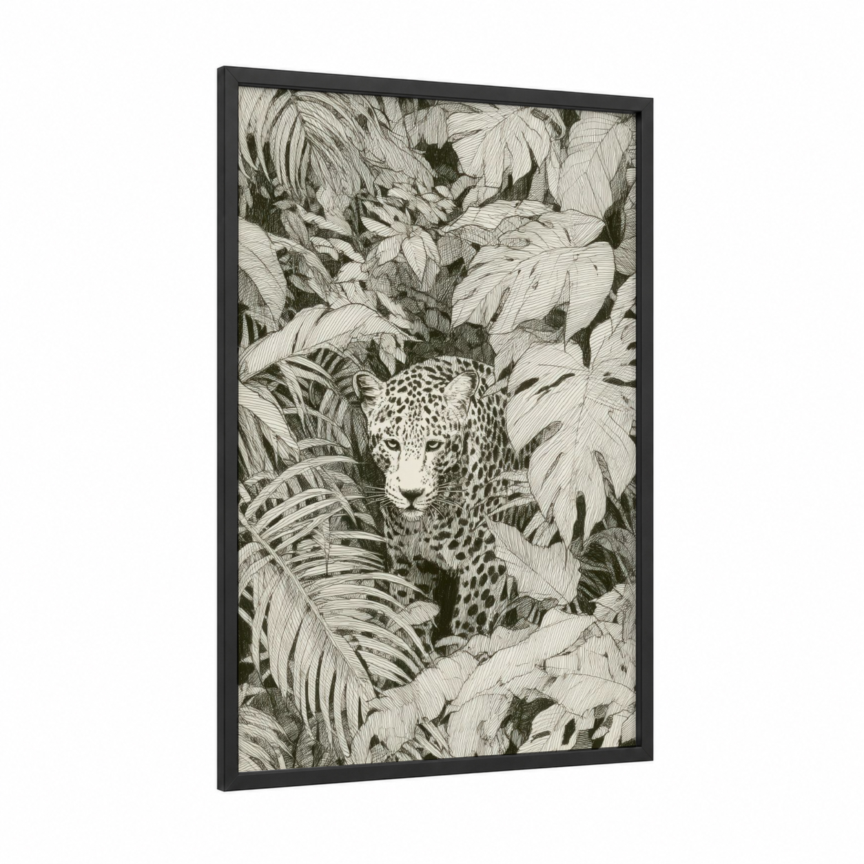 Jungle Jaguar framed art print — black wood frame — black and white palette