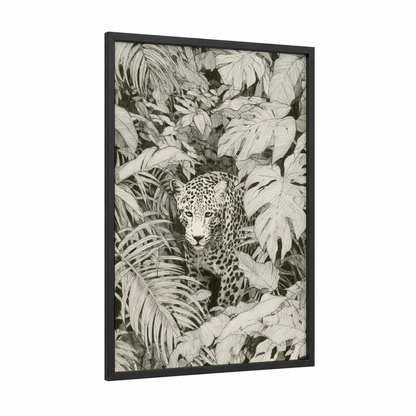 Jungle Jaguar framed art print — black wood frame — black and white palette