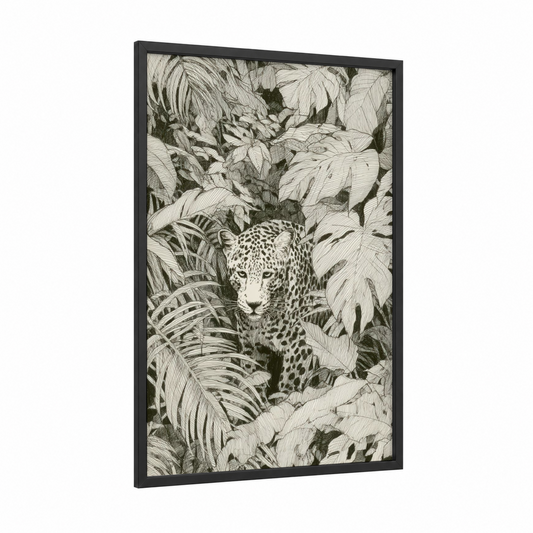 Jungle Jaguar framed art print — black wood frame — black and white palette