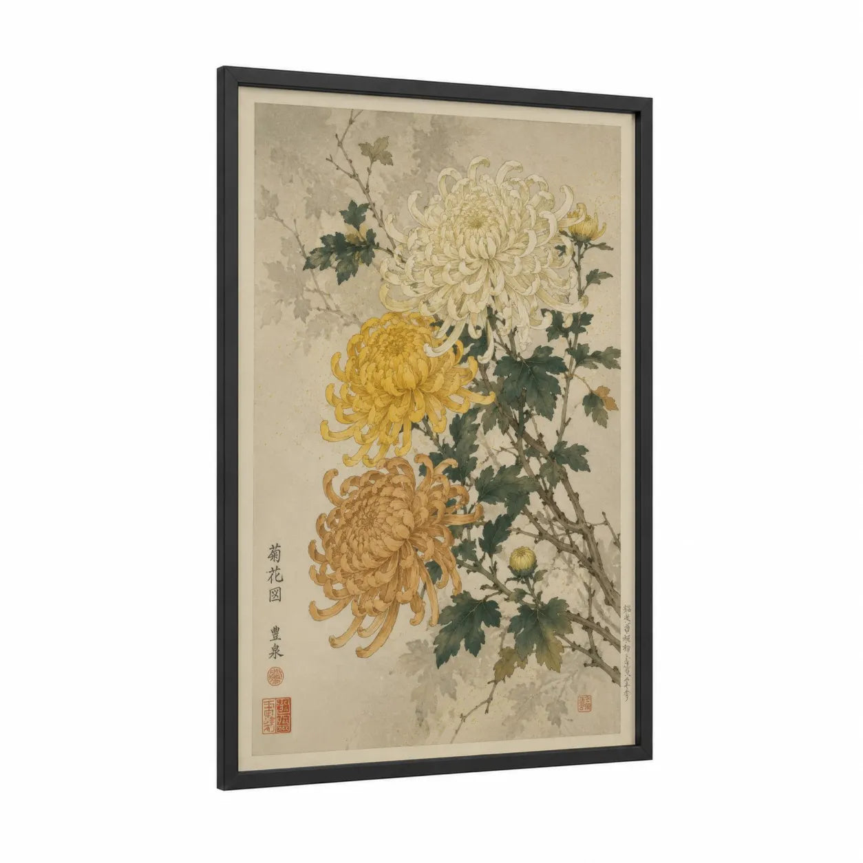 Japanese Chrysanthemum Botanical Wall Art framed art print — black wood frame — gold and cream palette