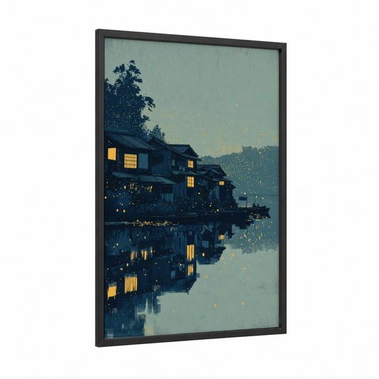 Firefly Twilight framed fireflies print — black wood frame — dark blue and gold palette