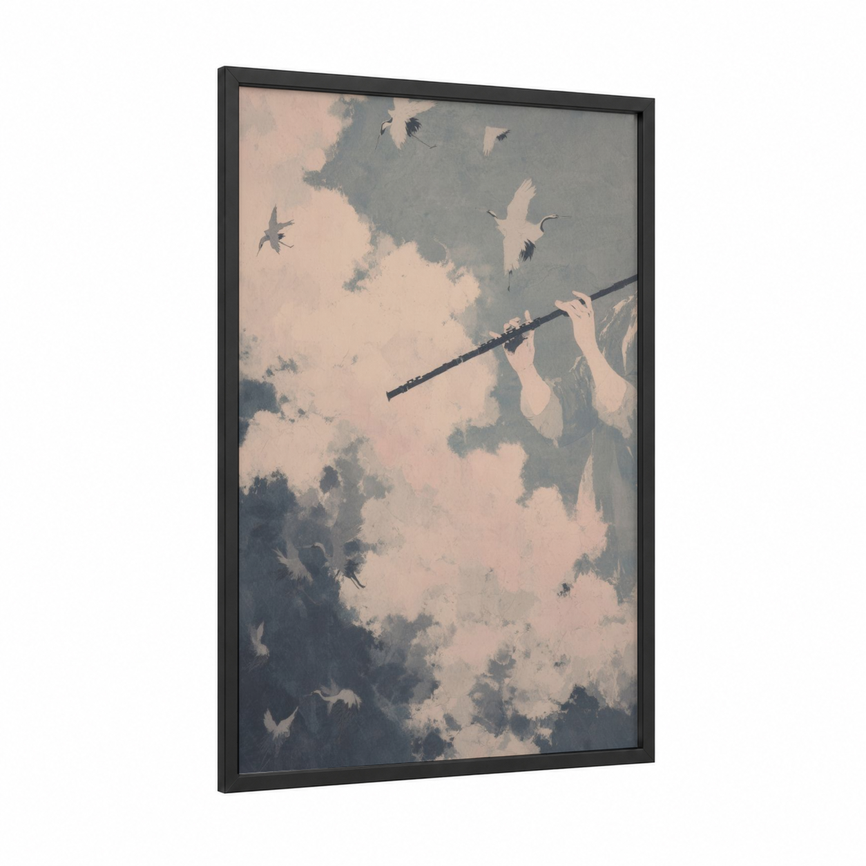 Celestial Flutist framed flute print — black wood frame — peach and dove gray palette