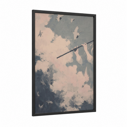 Celestial Flutist framed flute print — black wood frame — peach and dove gray palette
