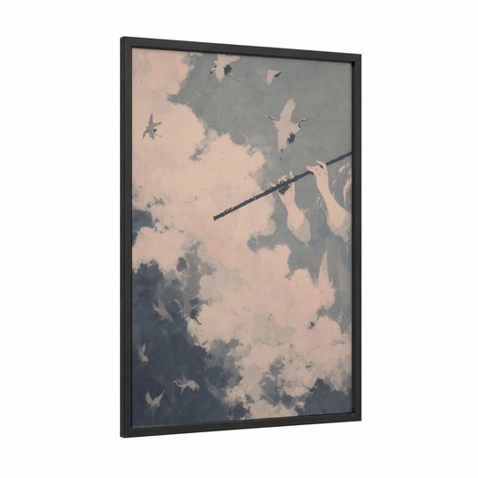 Celestial Flutist framed flute print — black wood frame — peach and dove gray palette