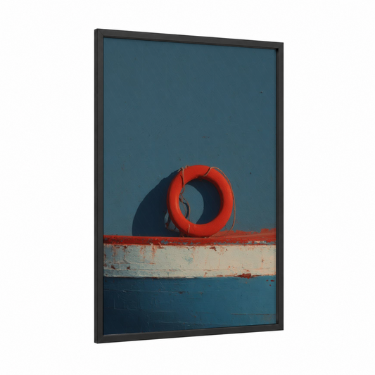 Coastal Life Ring framed art print — black wood frame — red and blue and white palette