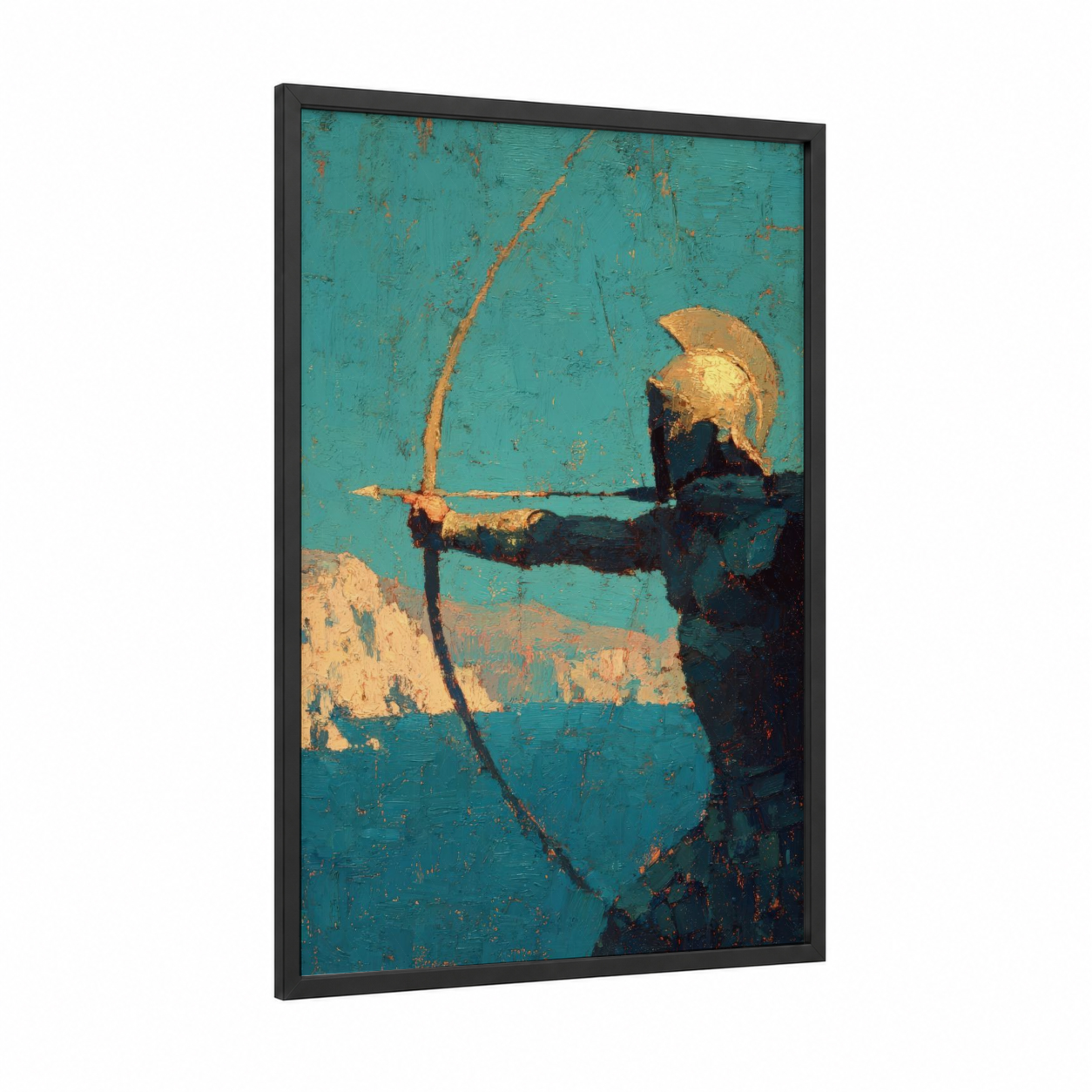 Golden Archer framed archery print — black wood frame — turquoise and gold palette