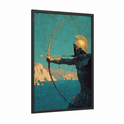 Golden Archer framed archery print — black wood frame — turquoise and gold palette