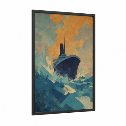 Golden Voyage framed cruise ship print — black wood frame — gold and teal palette