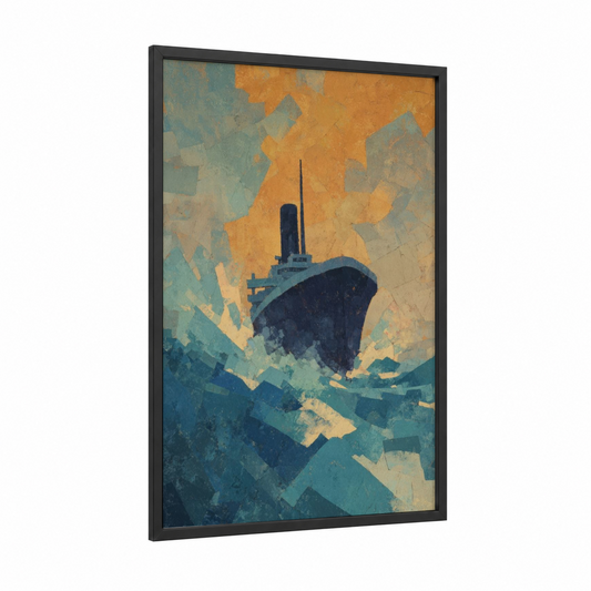 Golden Voyage framed cruise ship print — black wood frame — gold and teal palette