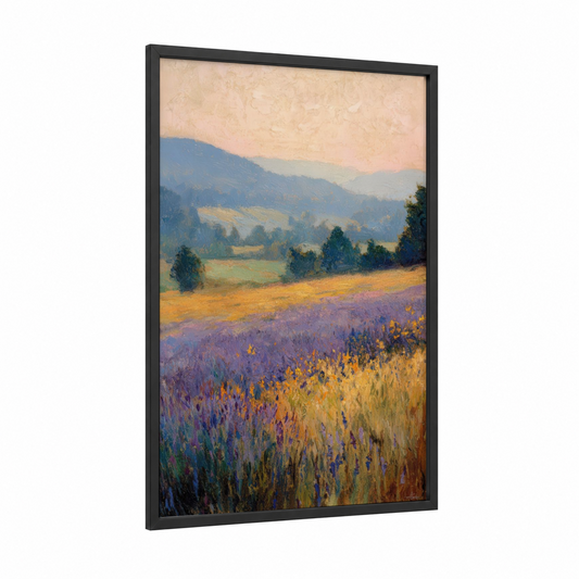 Golden Lavender Valley framed lavender field print — black wood frame — gold and lavender palette