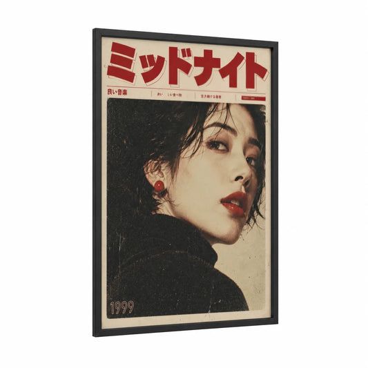 Vintage Japanese Fashion Portrait Wall Art framed fashion illustration print — black wood frame — red and beige palette