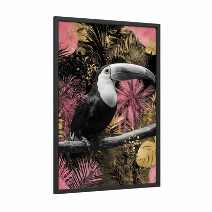 Tropical Toucan framed art print — black wood frame — pink and gold palette