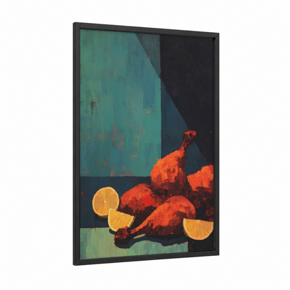 Roasted Poultry framed art print — black wood frame — teal and orange palette