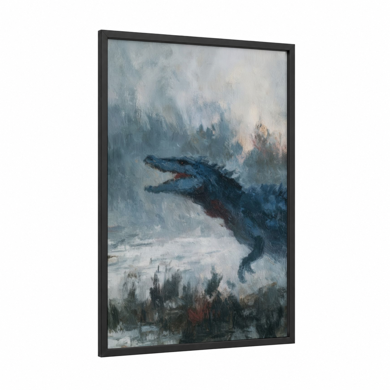 Misty Dragon Guardian framed dinosaur print — black wood frame — blue and white and gray palette