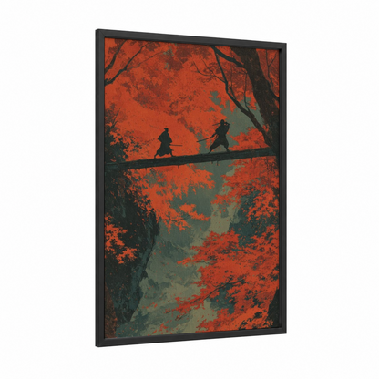 Crimson Duel framed kung fu print — black wood frame — red and black palette