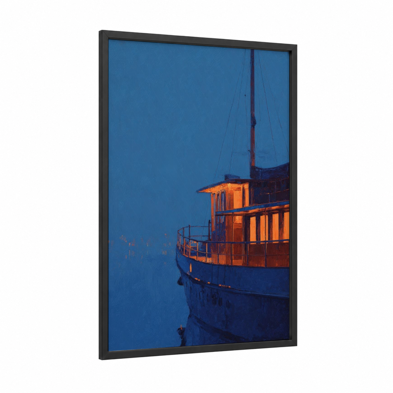 Twilight Yacht framed yacth print — black wood frame — blue and orange palette