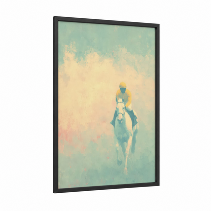 Golden Hour Racer framed horse racing print — black wood frame — light green and cream palette