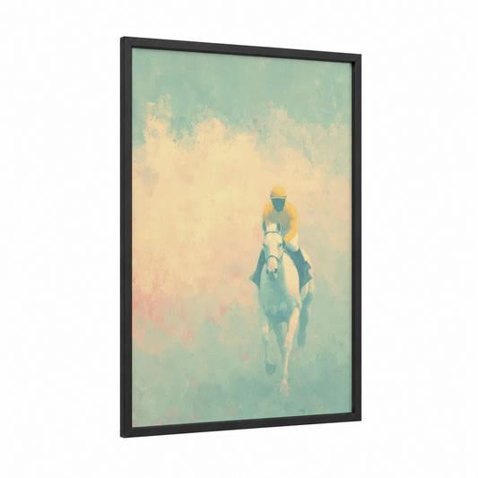 Golden Hour Racer framed horse racing print — black wood frame — light green and cream palette