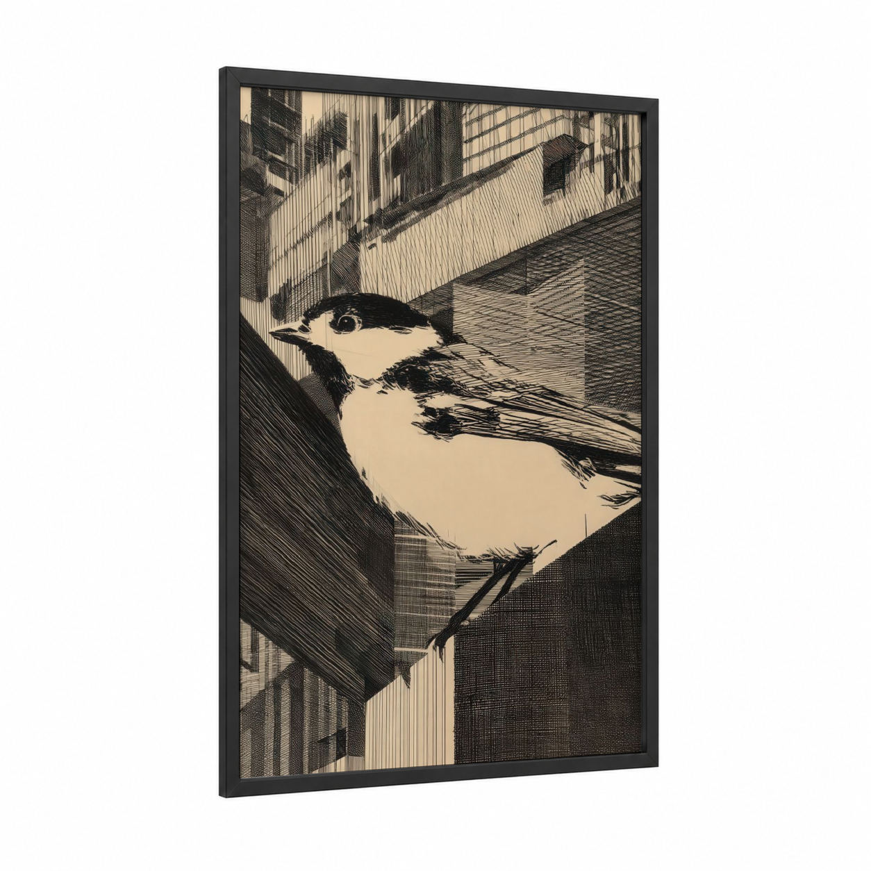 Urban Finch framed art print — black wood frame — black and white and cream palette