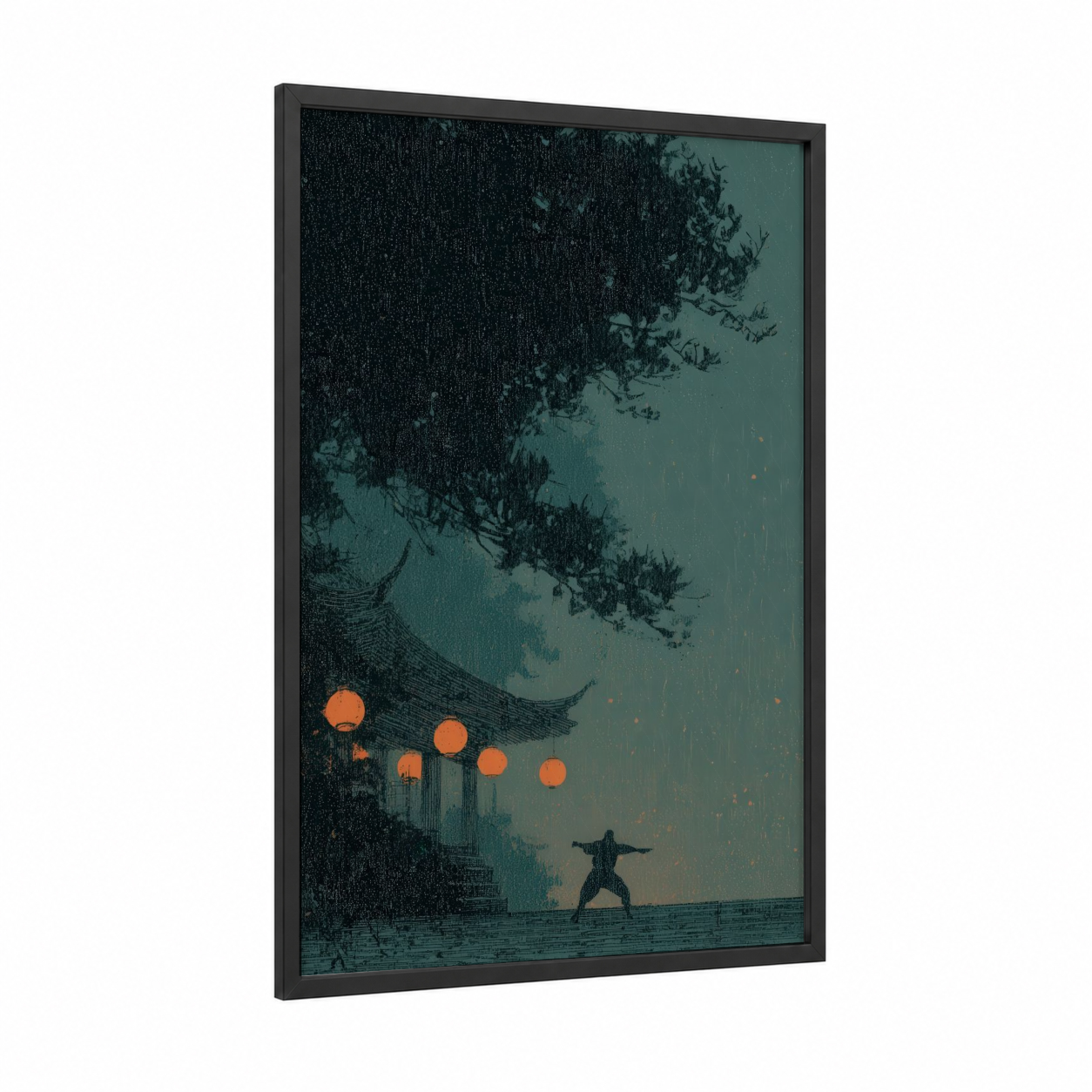 Rainy Warrior framed kick boxing print — black wood frame — teal and orange palette