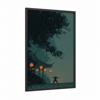 Rainy Warrior framed kick boxing print — black wood frame — teal and orange palette
