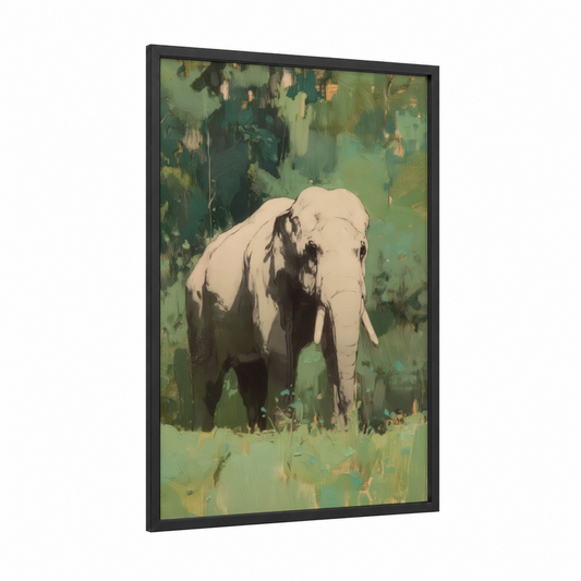 Emerald Elephant framed asian elephant print — black wood frame — sage green and cream palette