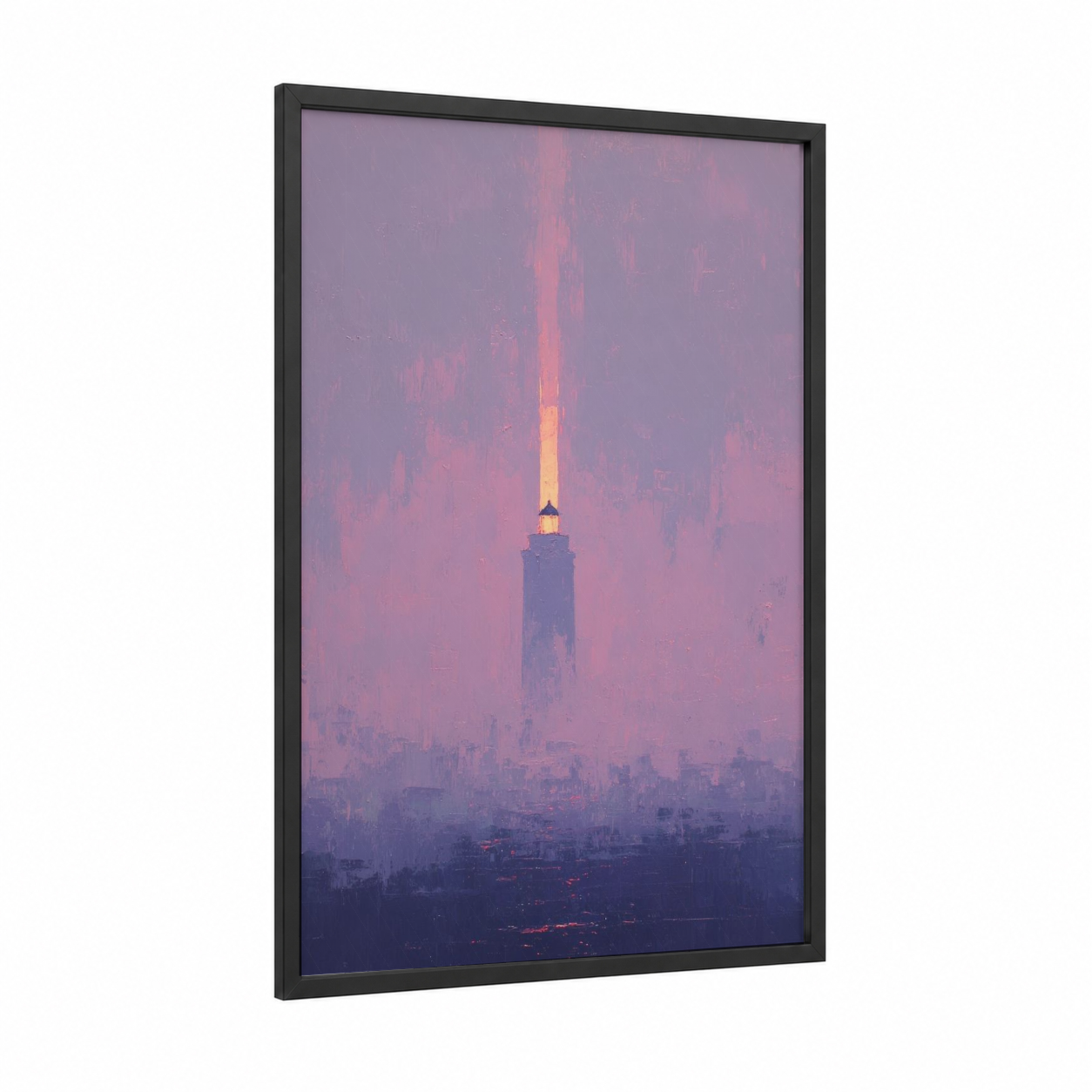 Misty Lighthouse Beacon framed art print — black wood frame — lavender and rose gold palette