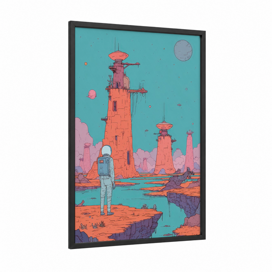Astronaut Outpost framed comic books print — black wood frame — turquoise and salmon pink palette