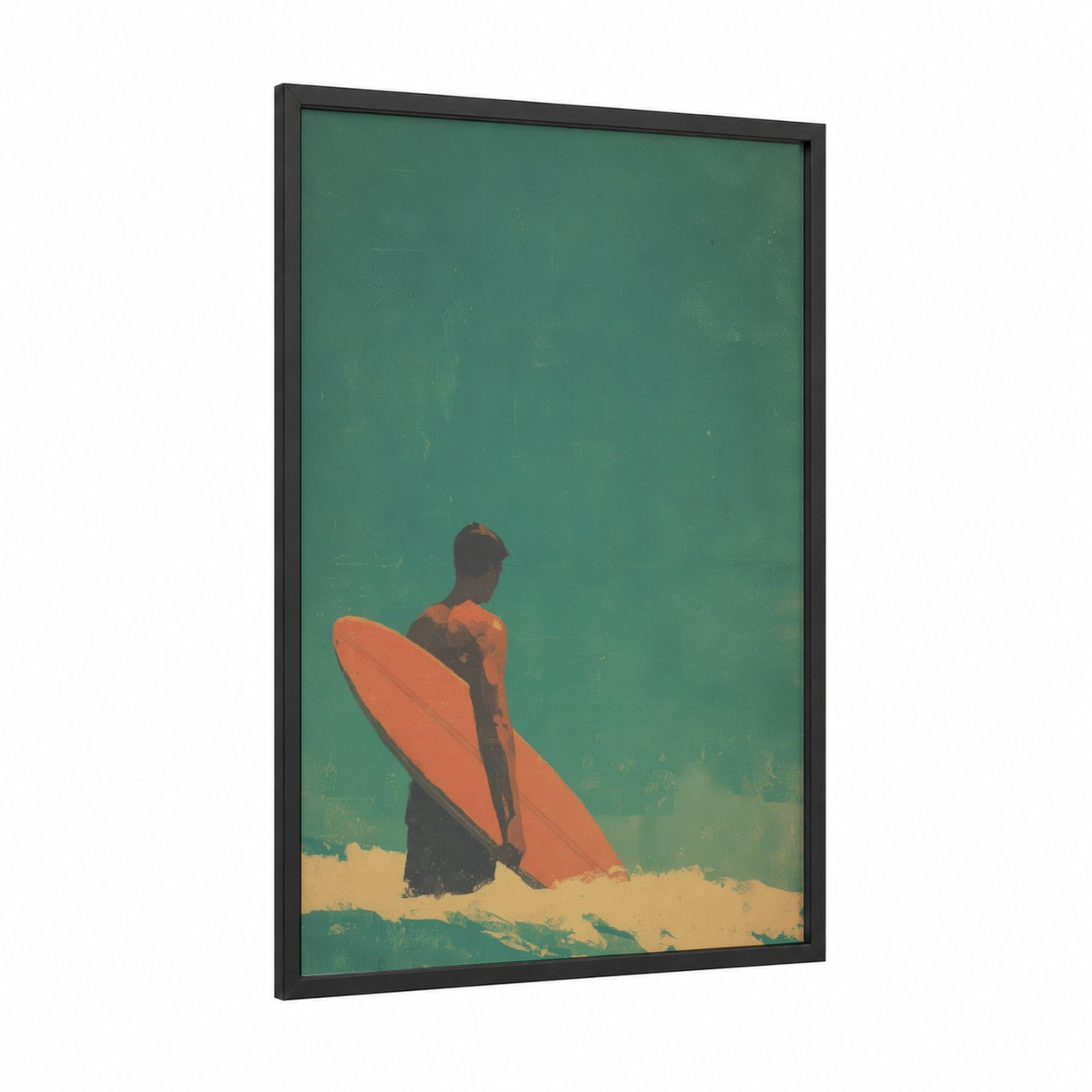 Coastal Surfer framed water surfing print — black wood frame — teal and peach palette