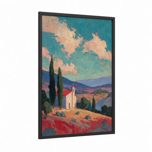 Tuscan Chapel framed churches and chapels print — black wood frame — teal and peach palette
