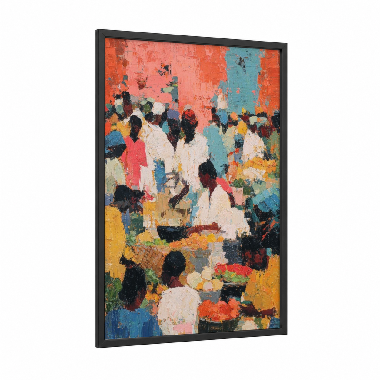 Festive Market Gathering framed kwanzaa print — black wood frame — orange and blue palette