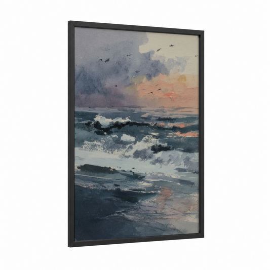 Stormy Sunrise Seascape framed beach sunrise and sunsets print — black wood frame — blue and gray and peach palette