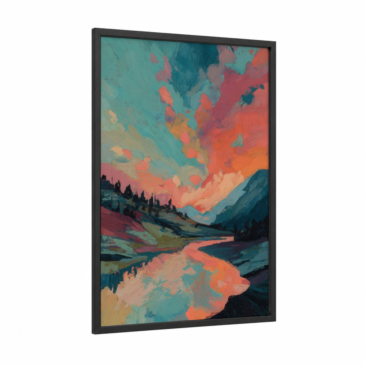 Aurora Mountain Landscape framed northern lights print — black wood frame — teal and orange palette