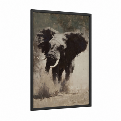 Majestic Savanna Elephant framed art print — black wood frame — black and white and nobel palette