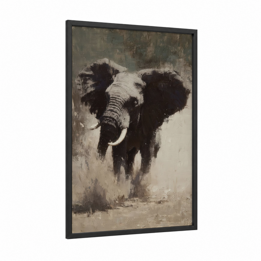 Majestic Savanna Elephant framed art print — black wood frame — black and white and nobel palette