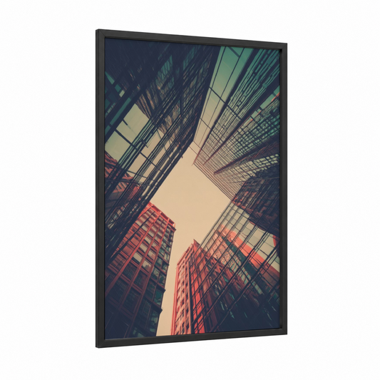 Urban Skyward framed abstract architecture print — black wood frame — red and teal palette