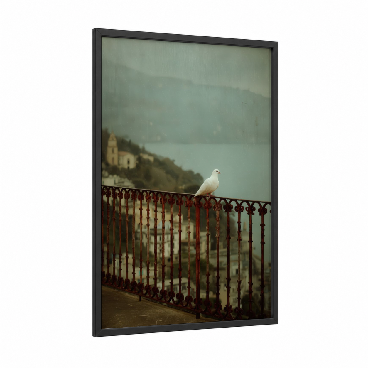 Misty Dove framed art print — black wood frame — gray and light green palette