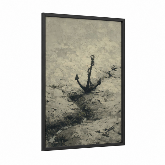 Weathered Anchor framed art print — black wood frame — beige and black and white palette