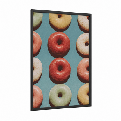 Colorful Donut Grid framed sweet print — black wood frame — red and blue palette