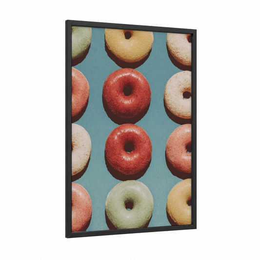 Colorful Donut Grid framed sweet print — black wood frame — red and blue palette
