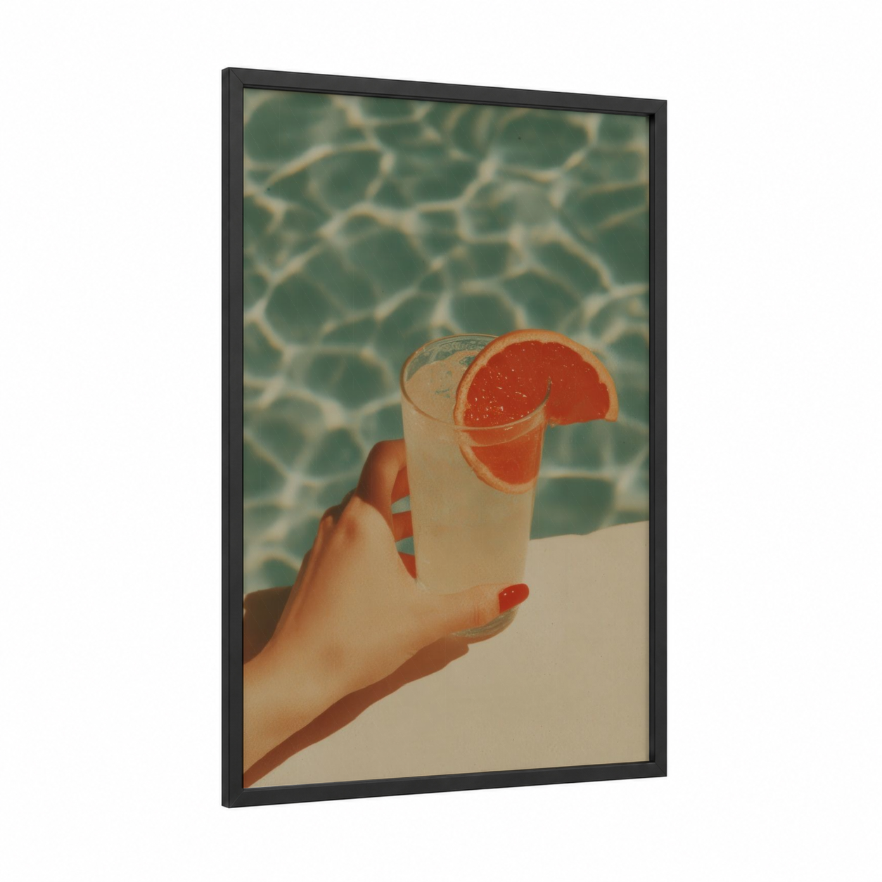 Poolside Grapefruit framed cocktail print — black wood frame — peach and teal palette