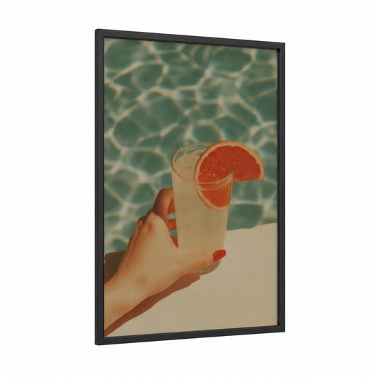 Poolside Grapefruit framed cocktail print — black wood frame — peach and teal palette