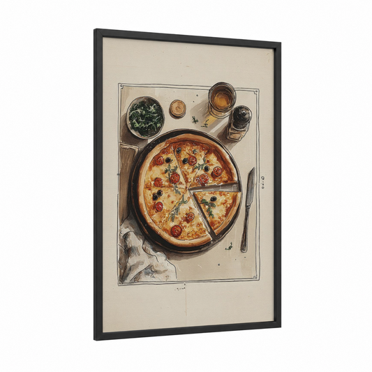 Pepperoni Pizza Spread framed fast food print — black wood frame — cream and russet palette